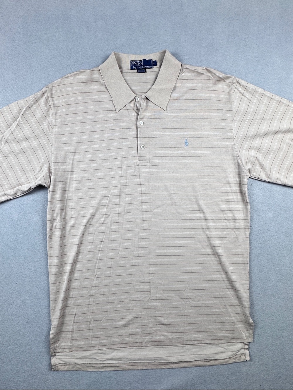 Vintage Polo Ralph Lauren Mens L Polo Shirt Striped 100% Cotton Beige Tan Pony